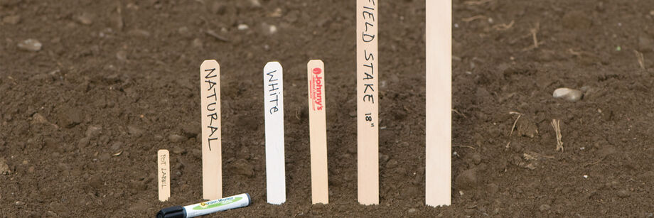 Wooden plant labels and field stakes lined up by size.