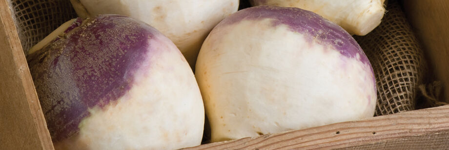 Rutabaga roots displayed in a wooden box.