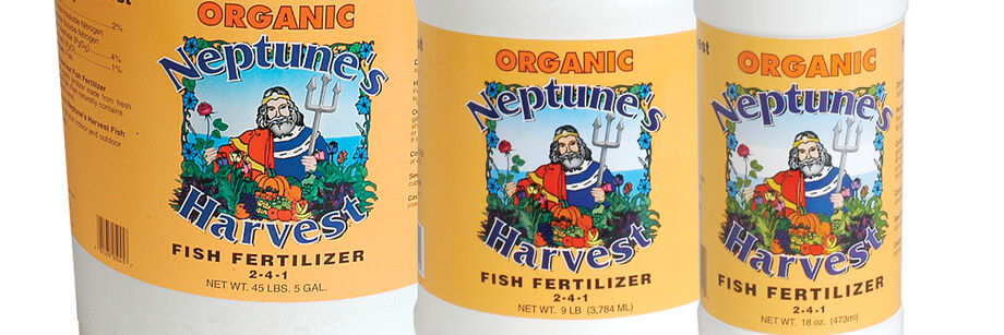 The label on organic Neptune's Harvest fish fertilizer, one of the OMRI gardening supplies we offer.